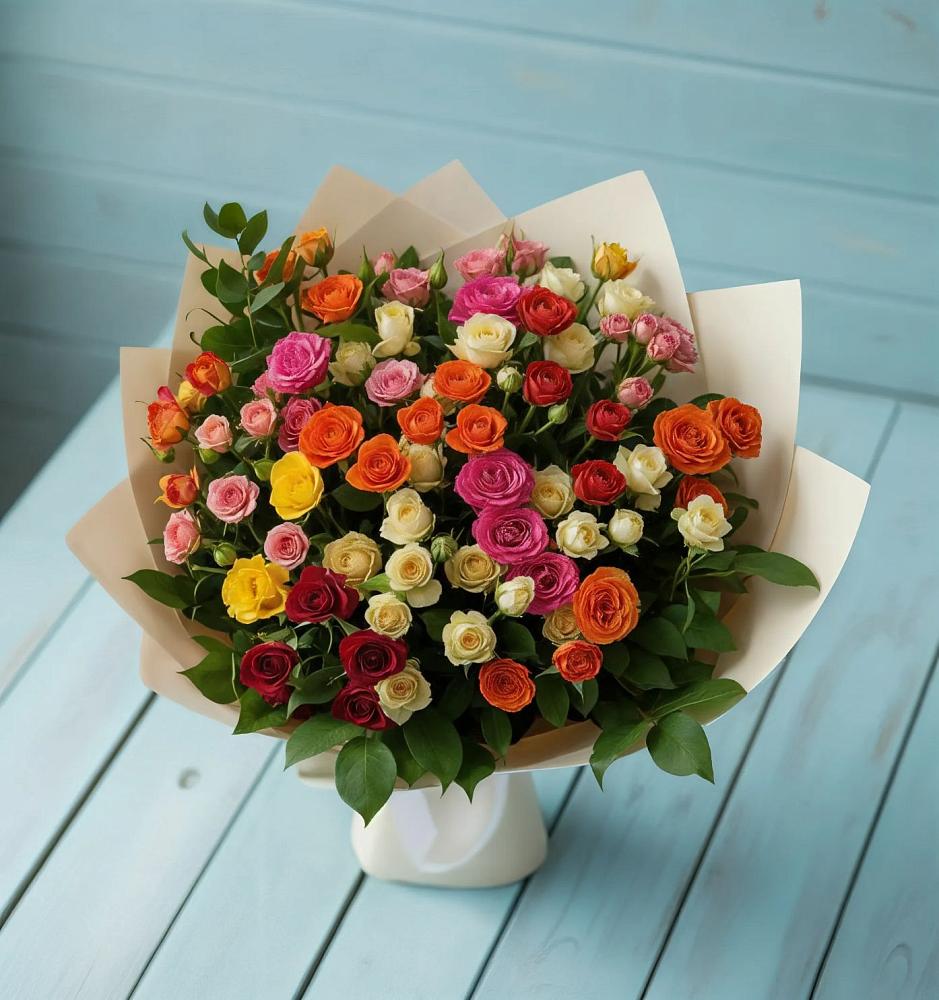Букет Микс из разноцветных кустовых роз в городе Мегион